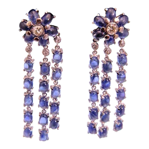 Dangling Sapphire and Diamond Gold Flower Earrings - 2 Pieces