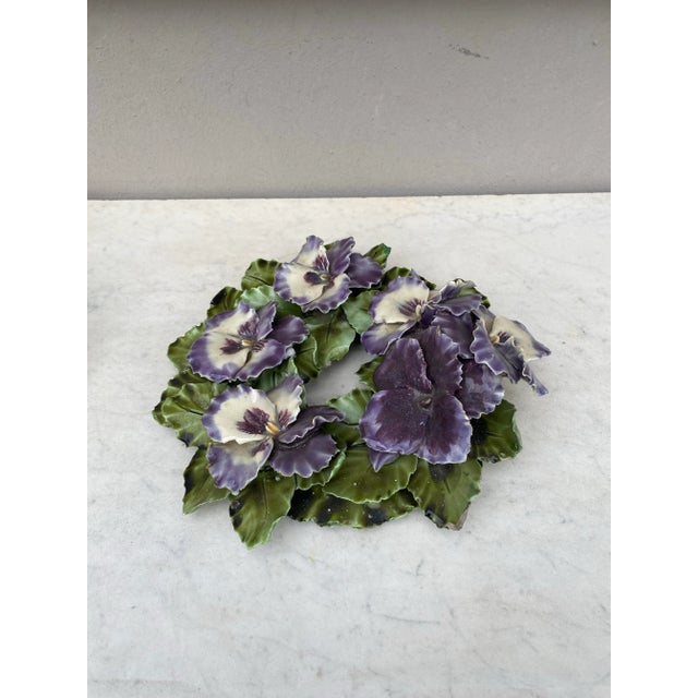 19th Century French Majolica Pansies Crown Decoration. 11 by 10.7 inches , H / 4 inches.