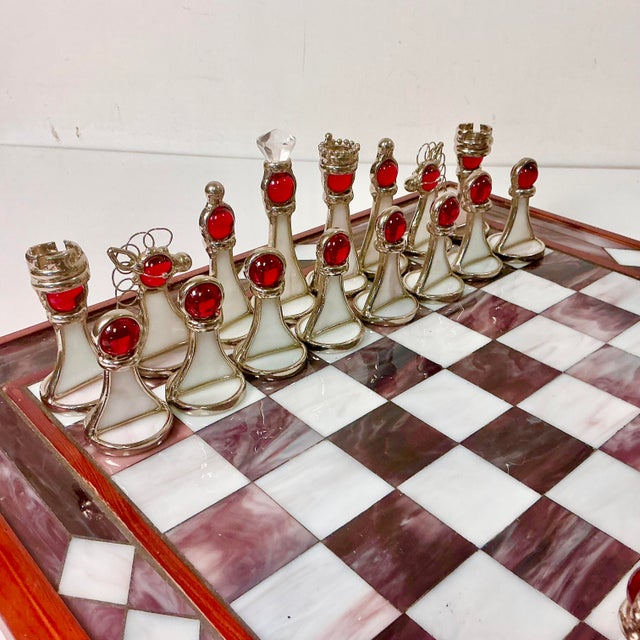 1950s Vintage Frank Lloyd Wright Arts & Crafts Boho Chic Stained Glass Chess Set - Set of 33, Atrributed For Sale - Image 11 of 18