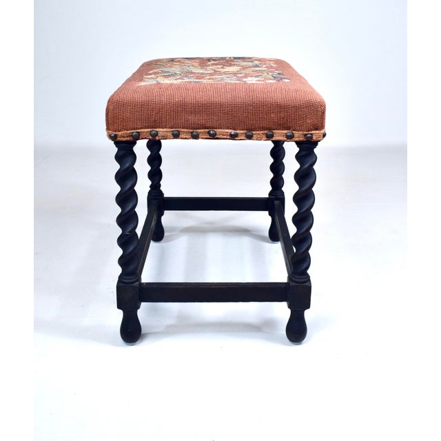 Antique English Barley Twist Bench Stool in Oak With Tapestry For Sale In Philadelphia - Image 6 of 8