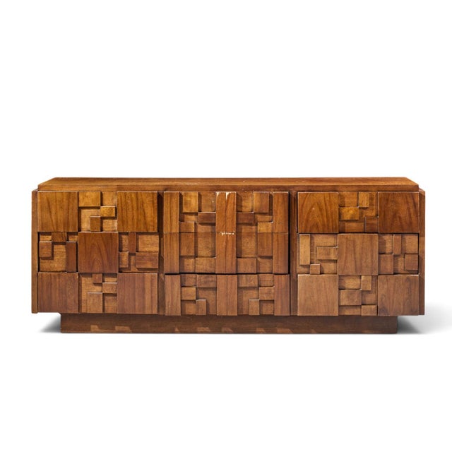 Lane Staccato Brutalist Mid Century Walnut Lowboy Dresser This lowboy measures: 78 wide x 18.75 deep x 30.25 inches high...