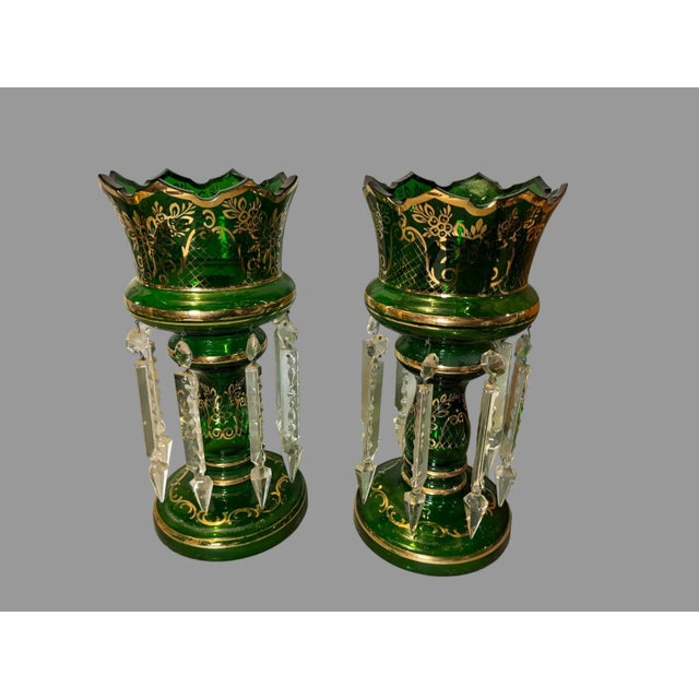 Victorian Pair of Antique Victorian Emerald Green Art Glass Mantle Lusters With Prisms For Sale - Image 3 of 12