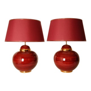 Vintage Table Lamps Red Gold Ceramic Vase Lamps France 1970s - A Pair For Sale