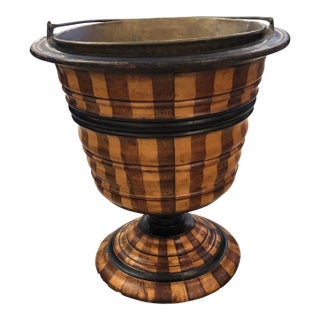 Mixed Wood Striped Vintage Planter With Copper Liner For Sale