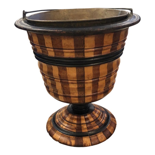 Mixed Wood Striped Vintage Planter With Copper Liner For Sale