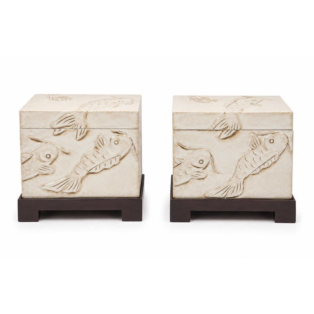 Mid-Century Asian Modern Ivory Glazed Koi Fish Box on Stand Side Tables - Pair For Sale In Atlanta - Image 6 of 6