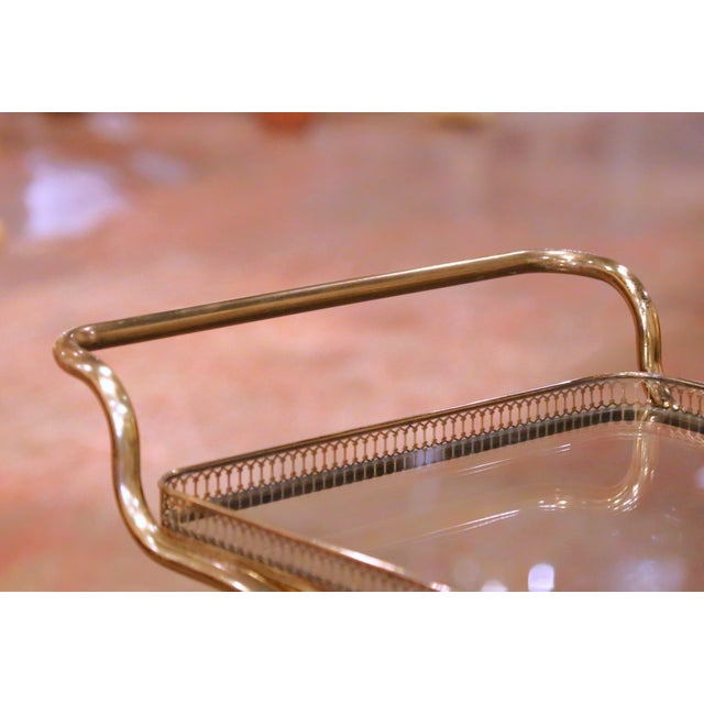 Mid-Century French Gilt Brass Bar Cart With Glass Shelves and Wheels For Sale In Dallas - Image 6 of 9
