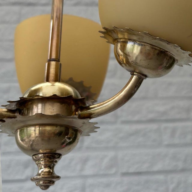 Scandinavian 3-Arm Chandelier in Brass and Yellow Glass, Sweden, 1940s For Sale - Image 9 of 10