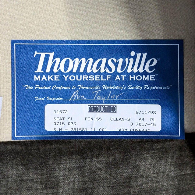 1990s Thomasville Olive Green Tufted Lounge Chair With Carved Wooden Legs For Sale - Image 10 of 10
