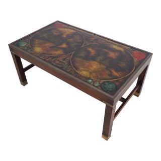 Campaign Style Reverse Painted Glass Top World Map Coffee Table For Sale