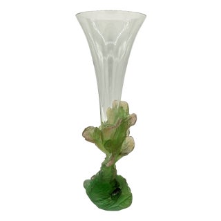 Soliflore Vase in Crystal and Green Glass Paste with Vegetal Decoration from Daum, 1980s For Sale
