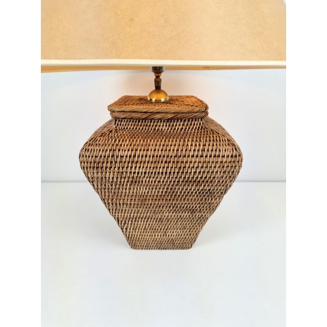 Wood Large Hand Woven Wicker Rattan Table Lamp, France, 1970s For Sale - Image 7 of 8