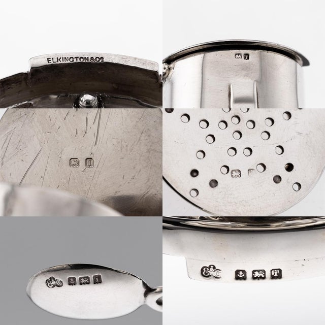 Antique early-20th Century Edwardian novelty solid silver condiment set in the form of a horseshoe. Featuring a spur...