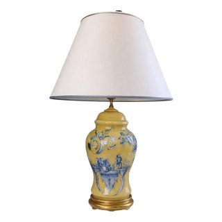 Italian Yellow Glazed Porcelain Table Lamp with Blue Rococo Motif, 1950s For Sale