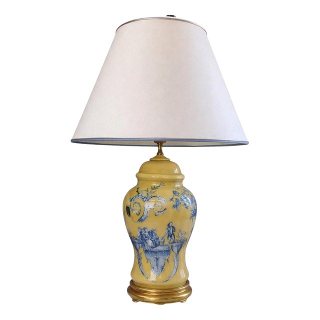 Italian Yellow Glazed Porcelain Table Lamp with Blue Rococo Motif, 1950s For Sale