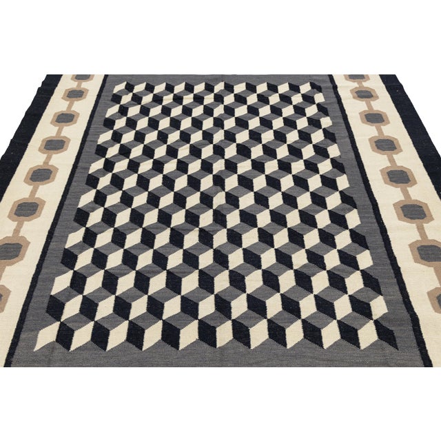 Ivory Contemporary Navajo Style Geometric Wool Area Rug – Optical Cubes in Charcoa For Sale - Image 8 of 9