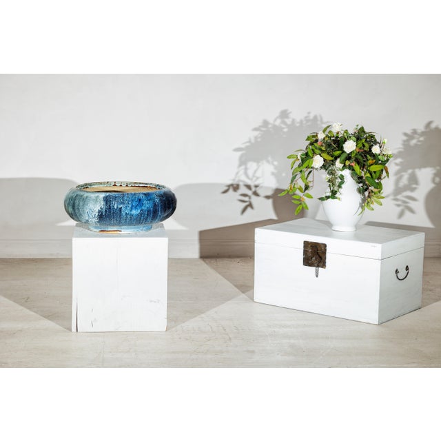 Vintage Shigaraki-Style Light Blue Planter with Organic Glaze and Wide Opening For Sale - Image 16 of 18