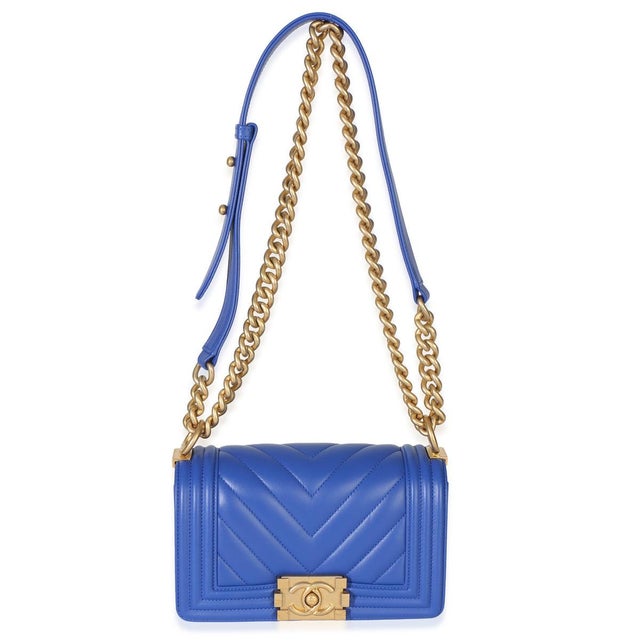 Blue Blue Lambskin Chevron Quilted Small Boy Bag For Sale - Image 8 of 9