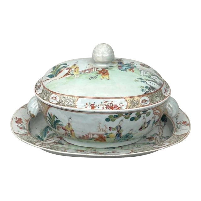 Large Antique 18th Century Chinese Export Qianlong (1736 - 1795) Porcelain Soup Tureen and Under Tray or Platter Decorated With Court Scenes 1750 For Sale