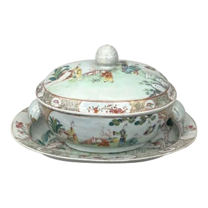 Large Antique 18th Century Chinese Export Qianlong (1736 - 1795) Porcelain Soup Tureen and Under Tray or Platter Decorated With Court Scenes 1750
