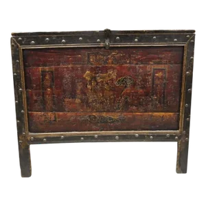 19th C Red Lacquer Asian Tibetan Mongolian Painted Wooden Trunk Chest Grain Bin