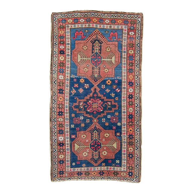 Antique 1920s Armenian Medallion Geometric Floral Abrash Light Blue Orange Terracotta - 3’9” X 6'10" For Sale