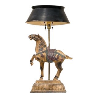 Vintage Equestrian Horse Table Lamp With Black Shade For Sale