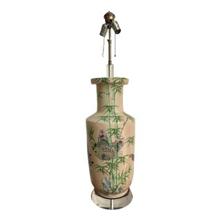 Vintage Hand-Painted Chinoiserie Butterfly Porcelain Table Lamp on Lucite Base For Sale