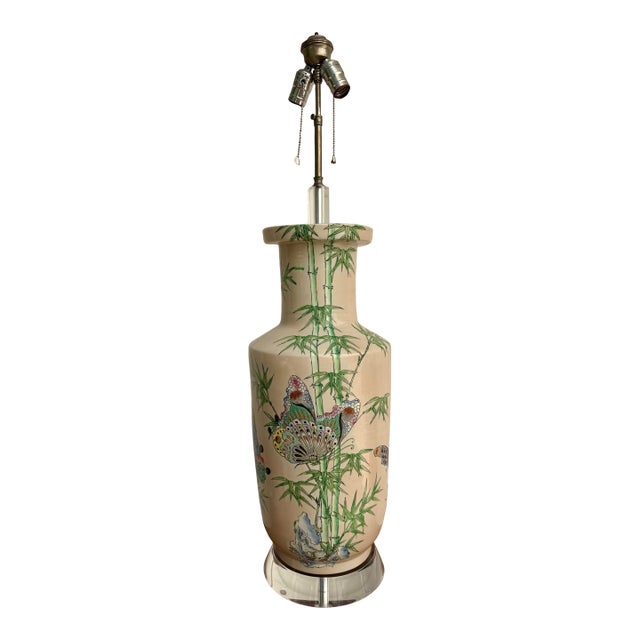 Vintage Hand-Painted Chinoiserie Butterfly Porcelain Table Lamp on Lucite Base For Sale