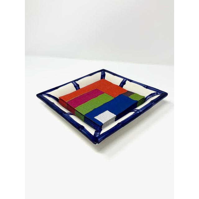 Fret Rim Tray — Italian Hand-Painted Ceramic, Bamboo Motif, Navy For Sale - Image 4 of 5