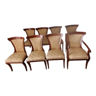 John Widdicomb Set of 8 Pristine Klismos Dining Room Chairs With Gold Satin Damask For Sale