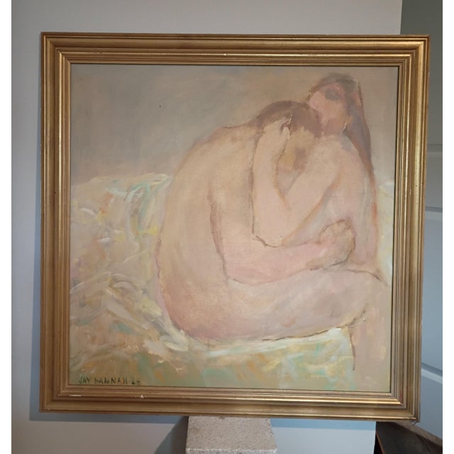 This striking 1968 mid-century modern oil painting by noted California artist Jay Hannah (1922-2010) features an intimate,...