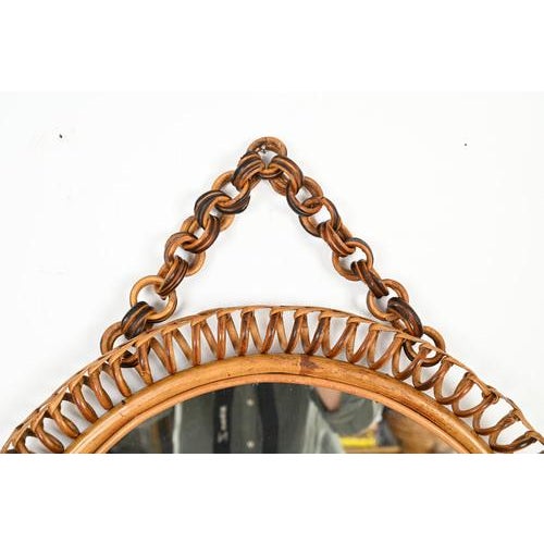 1960s French Riviera Round Mirror in Spiral Rattan, Wicker and Bamboo, Italy, 1960s For Sale - Image 5 of 15