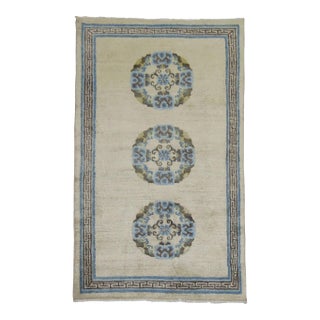 Ivory Light Blue Brown 20th Century Hand Knotted Wool Tibetan Scatter Throw Rug For Sale