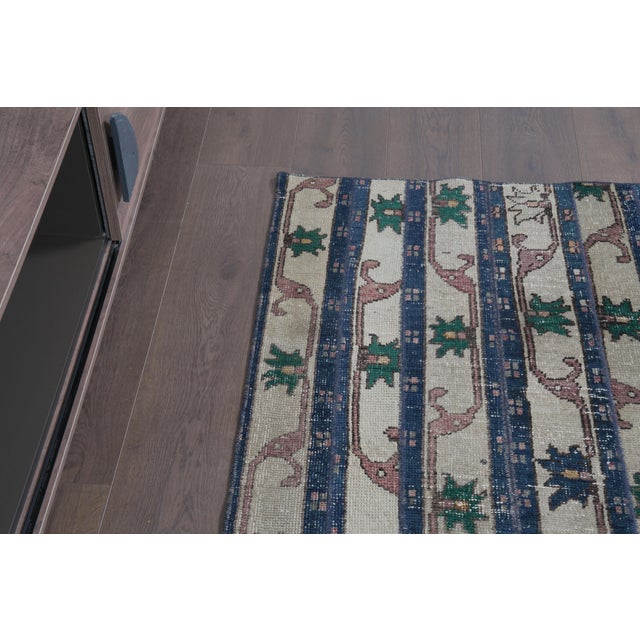 1970s Vintage Turkish Runner Rug - Navy Blue Vertical Striped & Cream Hallway Rug - Handwoven Anatolian Low-Pile Accent Carpet For Sale - Image 4 of 9