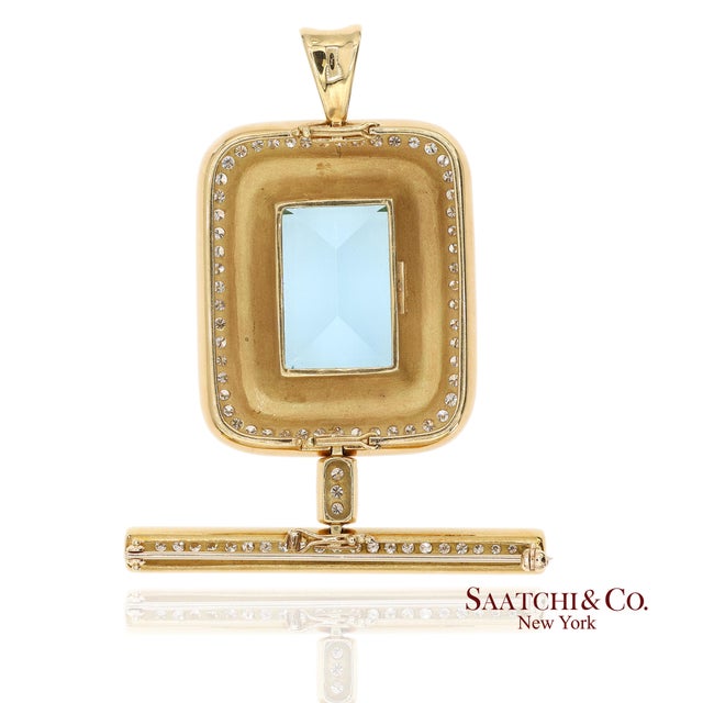 Blue Gia 60 Ct Aquamarine and 4 Ct Diamond 18k Yellow Gold Convertible Pendant Brooch For Sale - Image 8 of 17