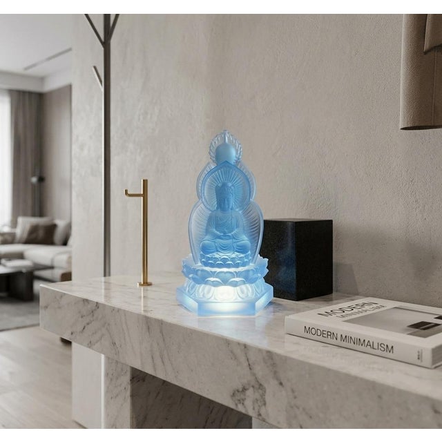 Blue Frosted Crystal Glass Lotus Base 3 Sides Bodhisattva Sanbao Figure For Sale In San Francisco - Image 6 of 13