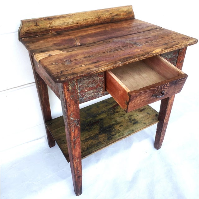 Old rustic wooden table with drawer and shelf, Wabi Sabi, 1930s Original, old wooden table with one drawer and a lower...