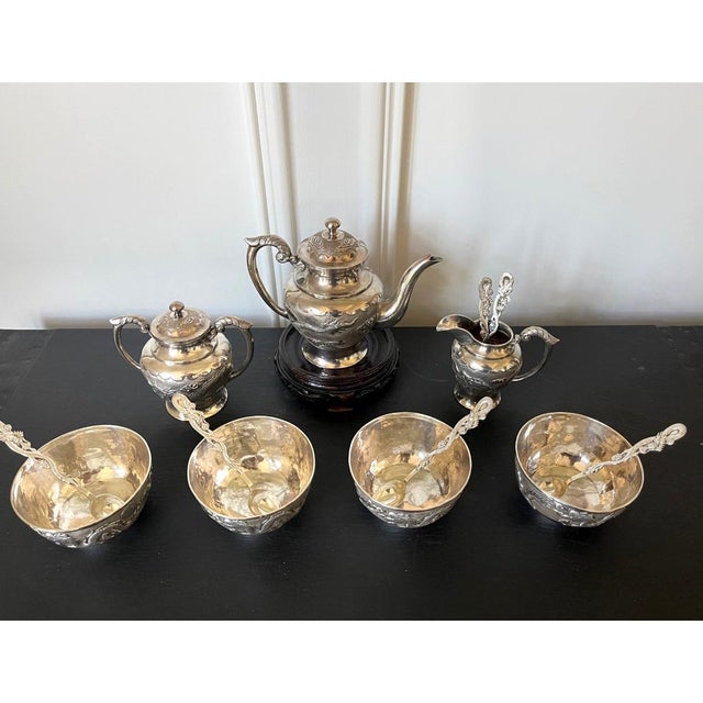 Early 20th Century Rare Chinese Export Sterling Silver Tea Set with Dragon Design Tianjing Wuhua - 13 pcs For Sale - Image 14 of 18