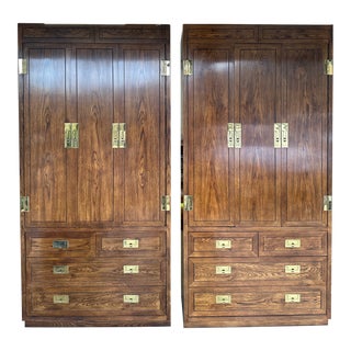 1970s Henredon “Scene One” Campaign Style Pair of Oak Armoires For Sale