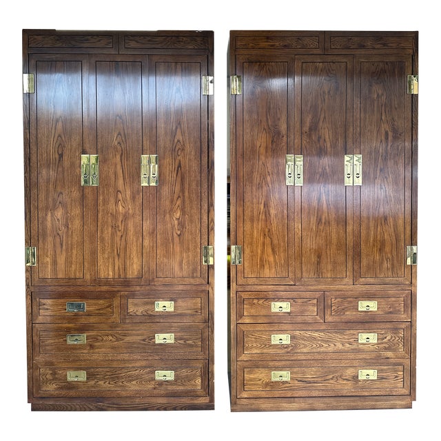1970s Henredon “Scene One” Campaign Style Pair of Oak Armoires For Sale