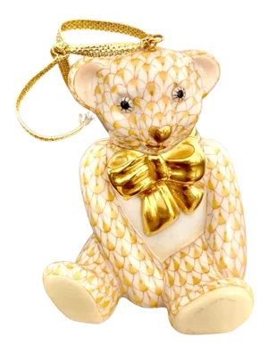 Herend Butterscotch Fishnet Teddy Bear Ornament With "First of First Edition" Stamp