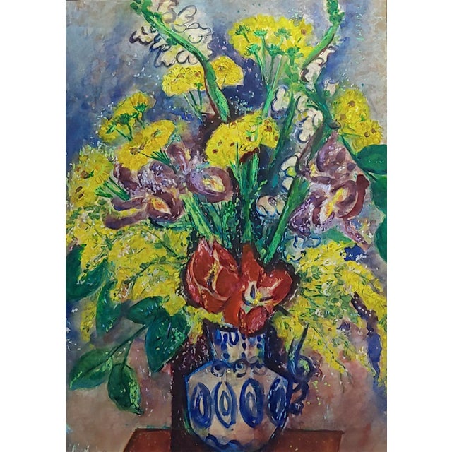 Expressionism Pauline Polk -Still Life of Red & Yellow Flowers in a Blue Vase- Painting For Sale - Image 3 of 11