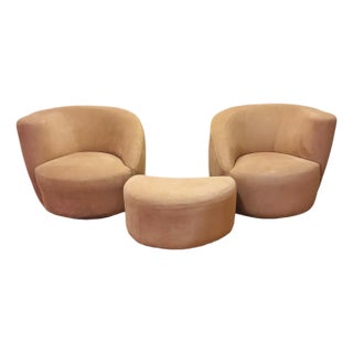 Pair of Vladimir Kagan Swivel Chairs With Crescent Ottoman in Blush Microsuede For Sale
