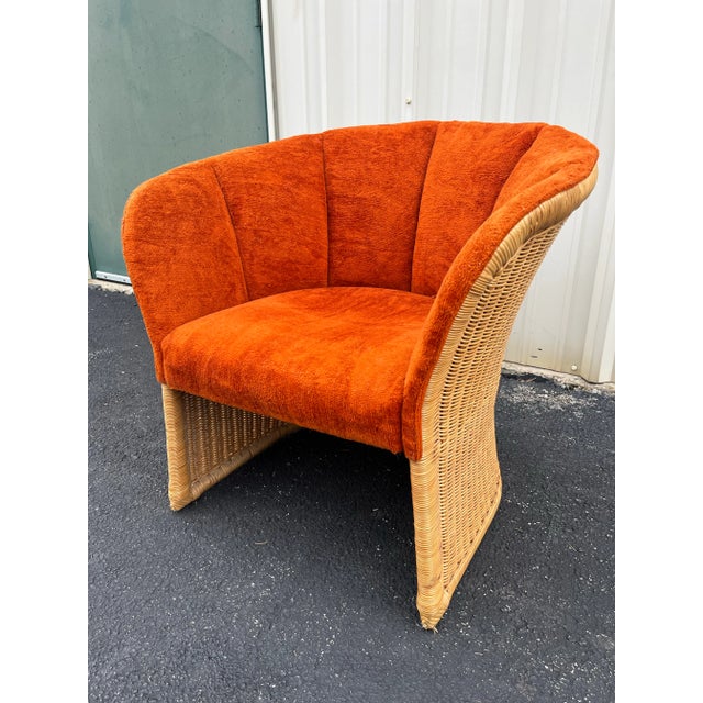 1960's Sculptural Rattan Barrel Chairs in Original Orange Chenille- A Pair For Sale - Image 10 of 12