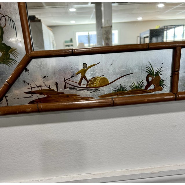 Wood 1950s Eglomaise La Barge Style Reverse Painted Asian Theme Wall Mirror For Sale - Image 7 of 9