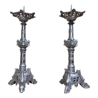 Large Silver-Plated Bronze Candlesticks, 1800s, Set of 2 For Sale