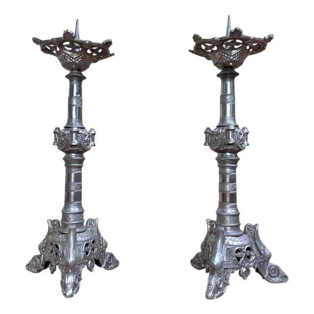 Large Silver-Plated Bronze Candlesticks, 1800s, Set of 2 For Sale