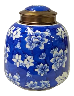 Oriental Handmade Blue White Porcelain Metal Lid Container Urn