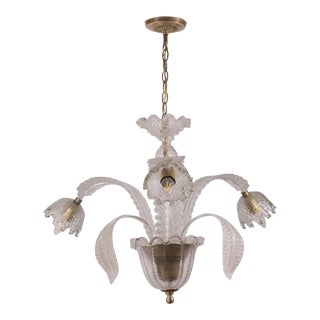 Vintage 3 Arm Murano Cross Reeded Glass Floral Chandelier For Sale
